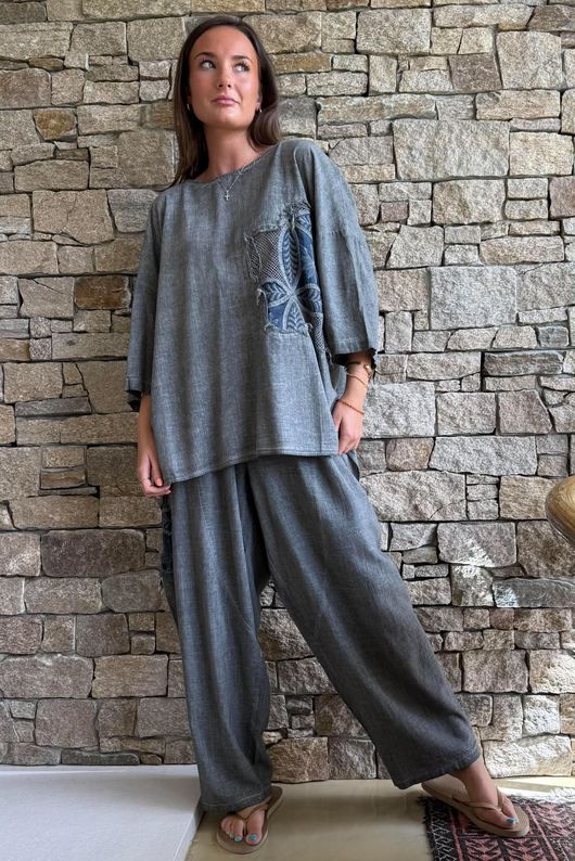 Lindin Linen Blend Crochet Flower Top Washed Charcoal